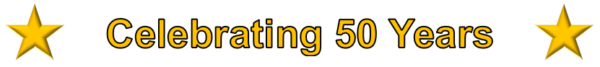 Celebrating 50 years banner with yellow star on each side